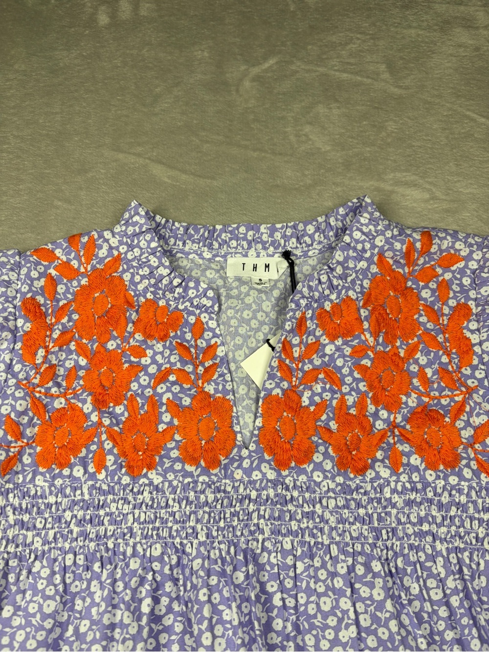 NWT THML Floral Embroidered Purple Orange White Short Puff Sleeve Blouse Small - Picture 4 of 14